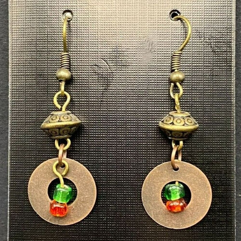 Handmade Aged Copper Washer with Glass Bead & Brass Tone Earrings by Neanie-Bot